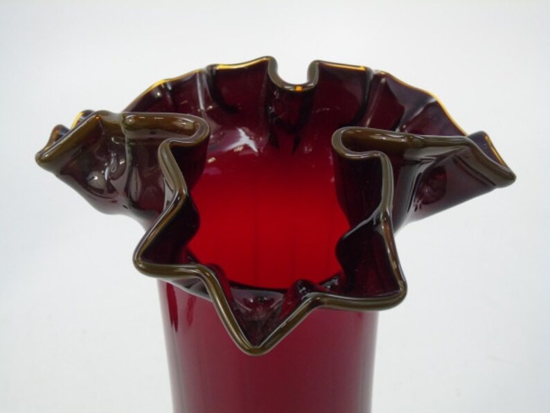 Ruby Glass Hand Blown Vase With Gold Glass Ruffled Top Edge Etsy