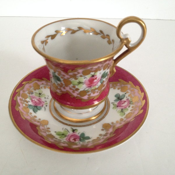 Amazing Burgundy Formal Floral Hand Painted Burgundy Demitasse Cup and Saucer Set with Gold Trim inside and out and Unknown Makers Mark