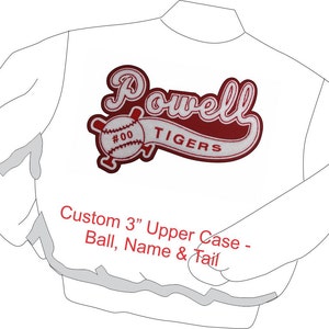 Nombre personalizado de chenilla con bates de béisbol cruzados, inserto de nombre y cola para chaquetas.