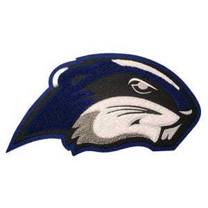 May include: Embroidered patch of a black and white badger with a blue outline. The badger's face is facing the right side of the image. The badger's eye is white with a black pupil. The badger's nose is black. The badger's whiskers are gray. The badger's teeth are white.