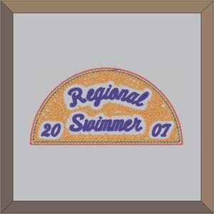May include: A yellow, orange, green, and red embroidered patch with the text "Regional Swimmer 07" and the number "20" in purple.