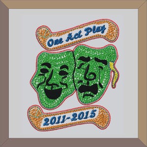 May include: A white background with a green and black image of two theatrical masks, one smiling and one frowning. Above the masks is a banner that reads "One Act Play" in blue letters. Below the masks is a banner that reads "2011-2015" in blue letters.
