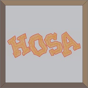 May include: A framed image with the word "HOSA" written in orange letters with a red outline.