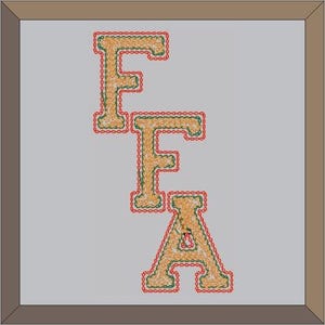 May include: A framed image with the letters "F F A" in a gold and green embroidered font. The letters are outlined in red.