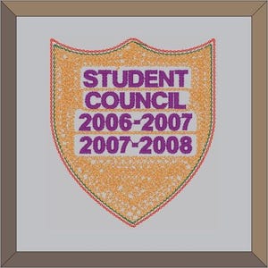 May include: A gold shield-shaped patch with red, green, and orange stitching. The text "STUDENT COUNCIL 2006-2007 2007-2008" is embroidered in purple.