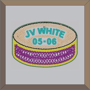 May include: A round, embroidered patch with a yellow and purple design. The text "JV WHITE 05-06" is embroidered in turquoise.