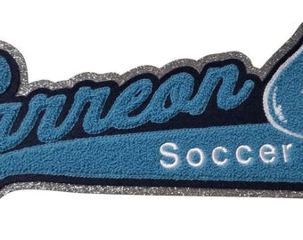 Chenille script name with tail, insert, mascot on glitter felt -N40100