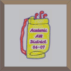 May include: A yellow golf bag with a red strap and purple text that reads "Academic All District 06-07".