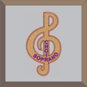 May include: A gold treble clef with the words "CHOIR SOPRANO" written vertically in purple inside the clef.