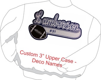 Nombre de chenilla personalizado con balón de fútbol, inserción de nombre y cola para chaquetas.
