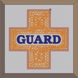 May include: A yellow embroidered cross with the word "GUARD" in blue lettering.