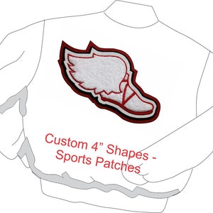 May include: White felt 4-inch winged shoe patch with red stitching and black outline. Custom 4" Shapes - Sports Patches.
