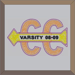 May include: A yellow and orange embroidered patch with the letters "CC" and the text "VARSITY 08-09" in black.