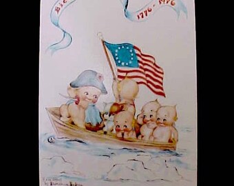 Darling Kewpie Postcard-"Crossing the Delaware" 1976 Bicentennial