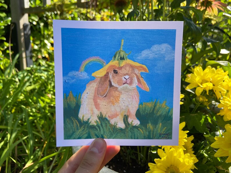 Cottagecore Flower Bunny Art Print, cute rainbow rabbit fairycore oil painting, colorful trendy artwork for girl nursery image 4