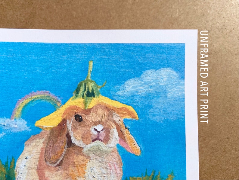 Cottagecore Flower Bunny Art Print, cute rainbow rabbit fairycore oil painting, colorful trendy artwork for girl nursery image 3