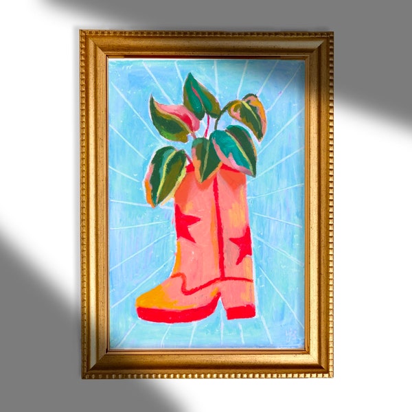 Cowboy Boot Planter Art Print, retro pink western wall decor for dorm, midcentury oil painting, colorful trendy horse cowboot artwork