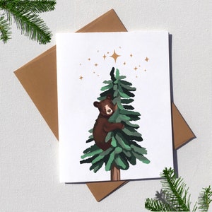 Bear in tree holiday card, eco friendly and plastic free, Christmas greeting cards from West Coast Vancouver Island