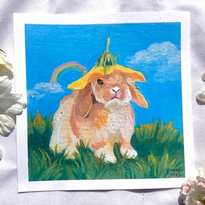 Cottagecore Flower Bunny Art Print, cute rainbow rabbit fairycore oil painting, colorful trendy artwork for girl nursery image 1