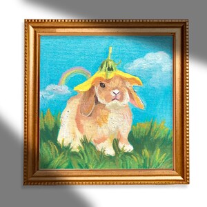 Cottagecore Flower Bunny Art Print, cute rainbow rabbit fairycore oil painting, colorful trendy artwork for girl nursery image 2