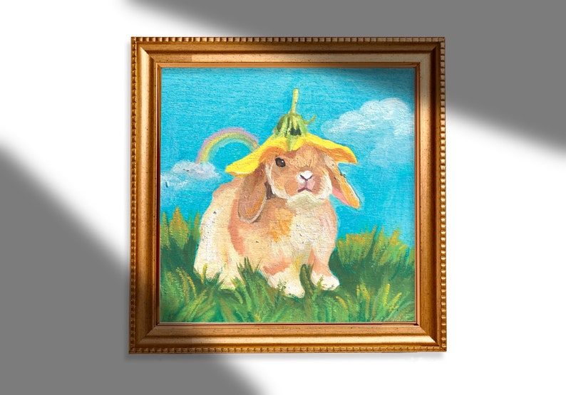 Cottagecore Flower Bunny Art Print, cute rainbow rabbit fairycore oil painting, colorful trendy artwork for girl nursery image 2