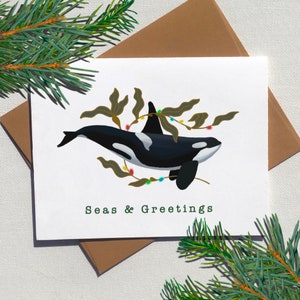Carte de vœux orque, sans plastique et écologique, drôle de jeu de mots épaulard cartes de vœux de Noël de la côte ouest de l’île de Vancouver