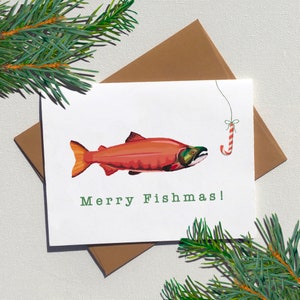 Carte de vœux de Noël au saumon, écologique et sans plastique, drôle de poisson ou jeu de mots de pêche Cartes de vœux de Noël de la côte ouest de l’île de Vancouver
