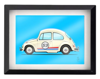 May include: A white Volkswagen Beetle with red and blue racing stripes and the number "53" on the side. The car is on a blue background.
