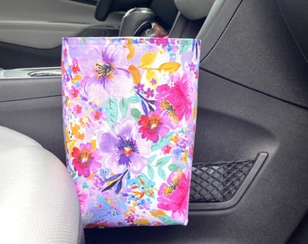 Pink Floral Car Trash Bag, Waterproof Lining, Car Accessories for Women, Car Caddy Organizer, Car Console Litter Bag, New Car Gift