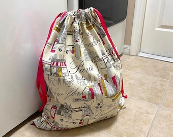 Travel Laundry Bag, New York/London/Paris Large Laundry Bag, Travel Accessories for Women, Resuable Drawstring Bag, Large Storage Bag