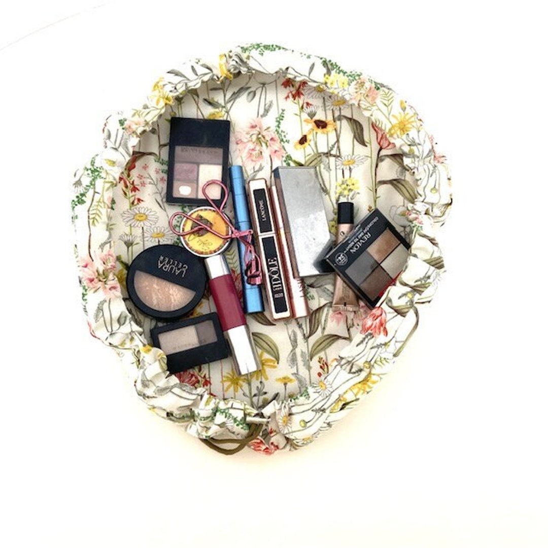 Floral Drawstring Makeup Bag, Cinch Bag, Large Cosmetic Pouch, Round