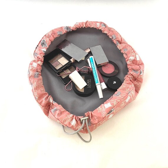 Pink and Gray Drawstring Makeup Bag 