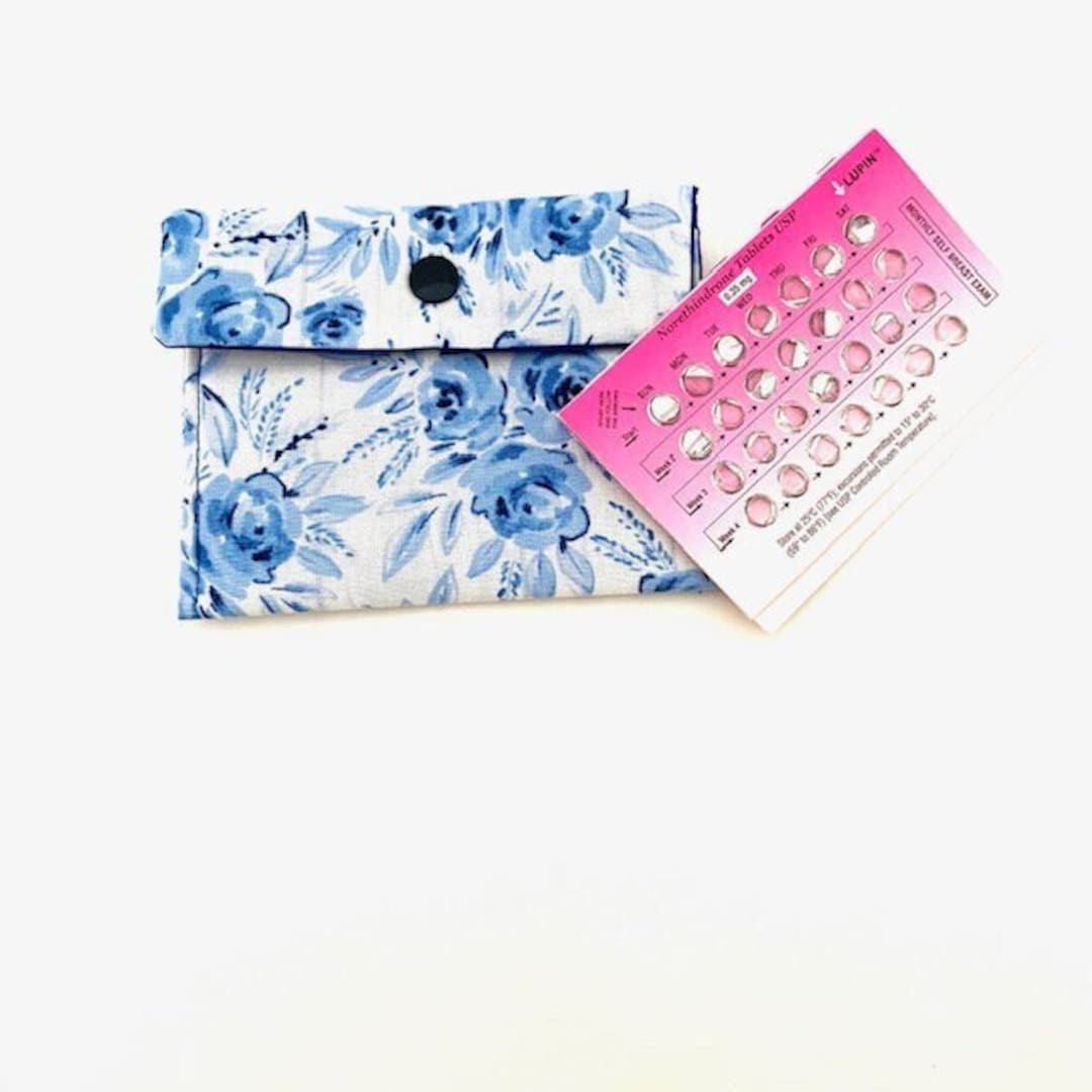 Blue Flower Birth Control Pill Pouch Pill Cozy Small Wallet 