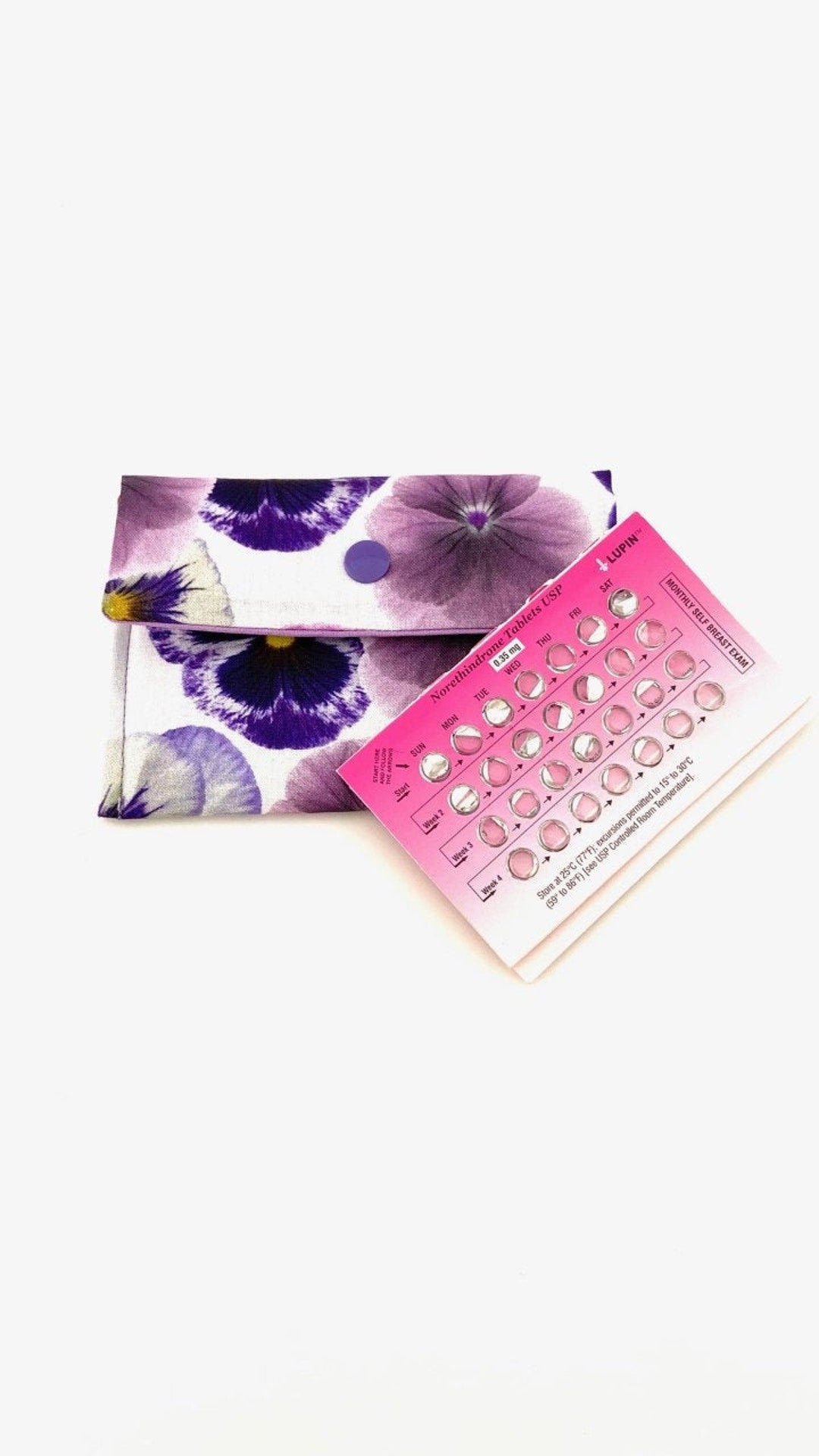 Purple Birth Control Pill Case, Birth Control Sleeve, Purple Pansies