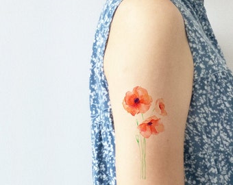 Temporary tattoo, Poppy flower tattoo, Poppy tattoo, Flower tattoo, Summer tattoo, Fake tattoo, Tattoo for her, Art tattoo,Watercolor tattoo