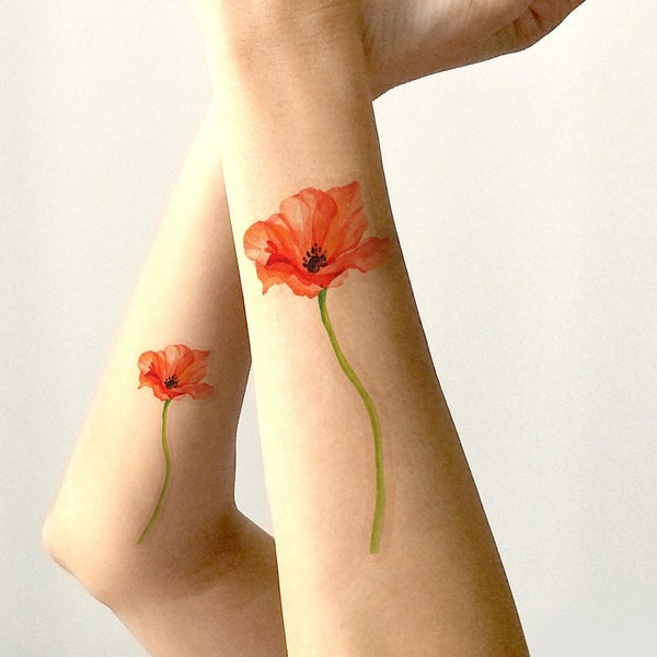 Temporary tattoo, Poppy flower tattoo, Poppy tattoo, Flower tattoo, Summer tattoo, Fake tattoo, Tattoo for her, Art tattoo,Watercolor tattoo