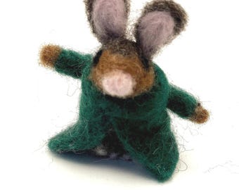 Tiny Needle Felted Bunny Wearing a Coat, Handmade Whimsical Miniature Rabbit Figurine