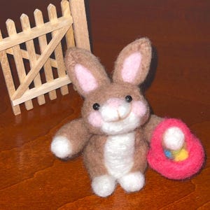 Needle Felted Bunny Figurine, Pink Basket with Eggs, Spring Decor