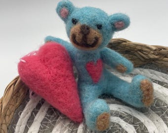 I’m a Tiny Blue Love Bear and I have a Great Big Heart Too, Needle Felted Teddy Bear with Pink Heart, Handmade Pocket-Sized Plush Gift