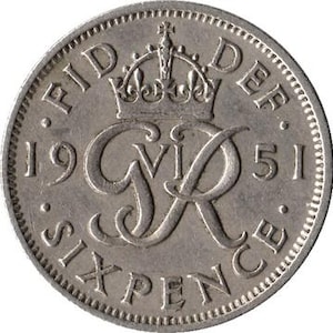 1947-1951 great britain wedding coin six 6  pence King George VI, coin shown is an example