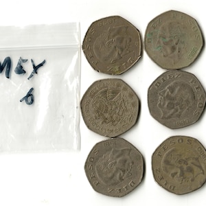 Lot of 6, Diez Pesos, Portrait of Miguel Hidalgo Costilla, 1974-1985, odd shaped coin