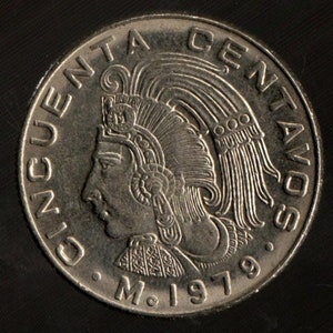 King Cuauhtemoc,  Aztec ruler of Tenochtitlan coin  MEXICO 50 centavos - , dates vary, coin shown is an example