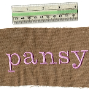 May include: A brown fabric swatch with the embroidered word "pansy" in lavender thread. A ruler is placed above the fabric, showing measurements in inches. The fabric has a raw, unfinished edge.