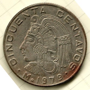 King Cuauhtemoc,  Aztec ruler of Tenochtitlan coin  MEXICO 50 centavos, VG-UNC condition, one random coin.