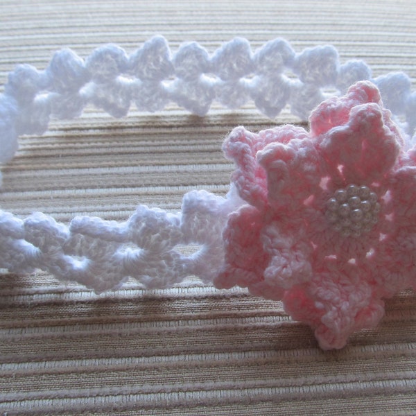 Instant Download Crochet Pattern Baby Headband with a Pink Rose, DK or Sport Weight Yarn, Sizes 0-12 Months +