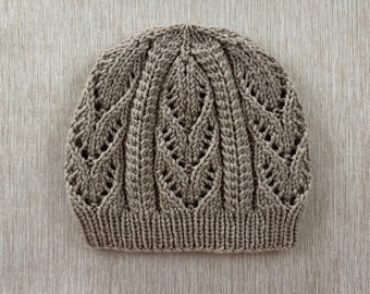 Knitting Pattern Instant Download Hat with Cables and Lacy Leaves, One Size Child/Adult, Seamless, Medium Worsted Yarn (10 ply)