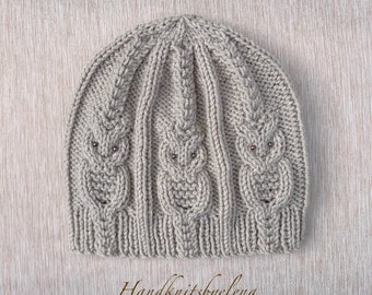 Instant Download Knitting Pattern Hat with Owls, One Size Child/Adult, Medium Worsted Yarn, Seamless