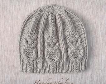 Instant Download Knitting Pattern Hat with Owls, One Size Child/Adult, Medium Worsted Yarn, Seamless