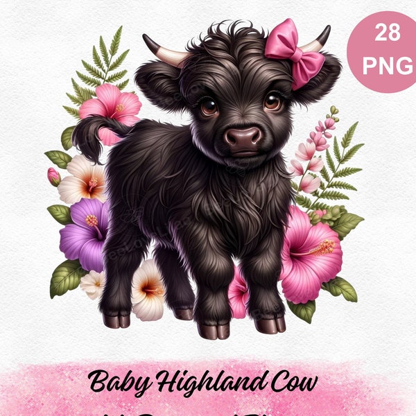 Watercolor Baby Highland Cow with Bow and Flowers Sublimation Clipart-28PNG, Cute Animals, Digital Download, Commercial Use