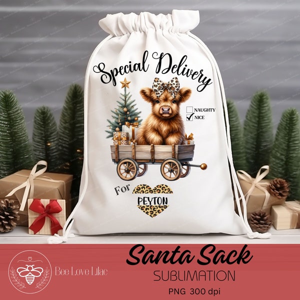 Santa Christmas Gift Bag Sublimation Design Highland Cow /w Leopard bow Riding Wagon. Christmas Santa Claus Bag PNG File, Commercial Use